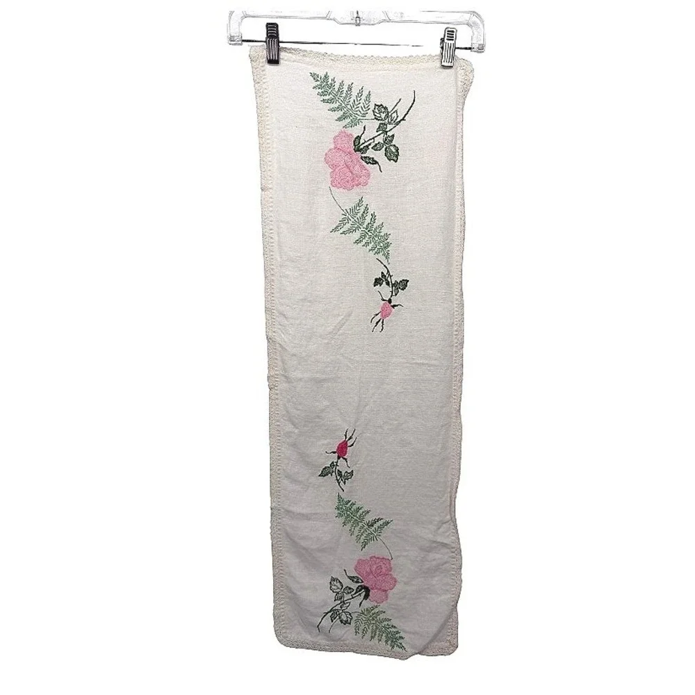 Vintage Embroidered Table Runner Dresser Scarf Floral Lace Trim Decor 35x12